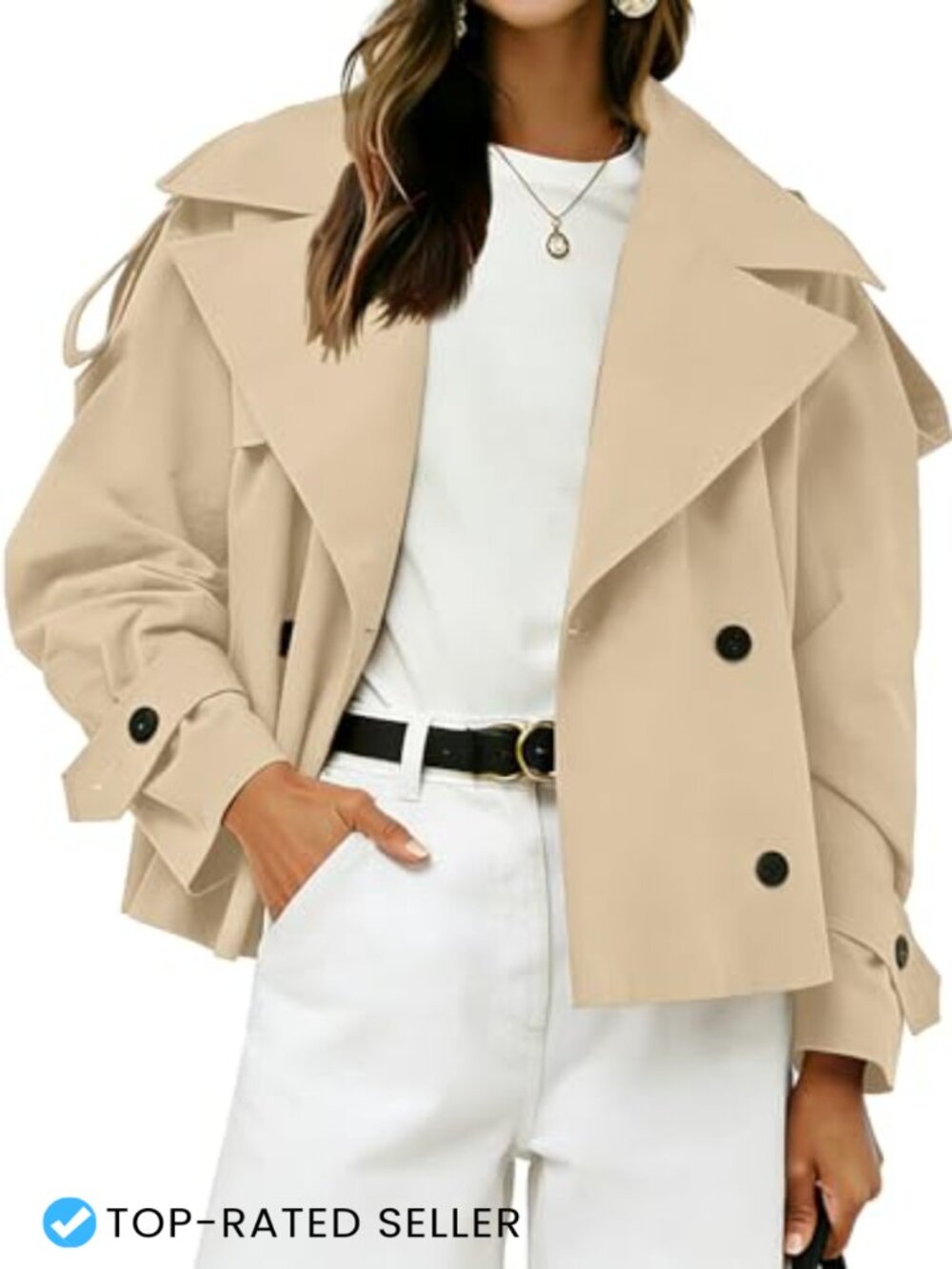 Women's Cropped Trench Coat with Belt Double Breasted Casual Lightweight